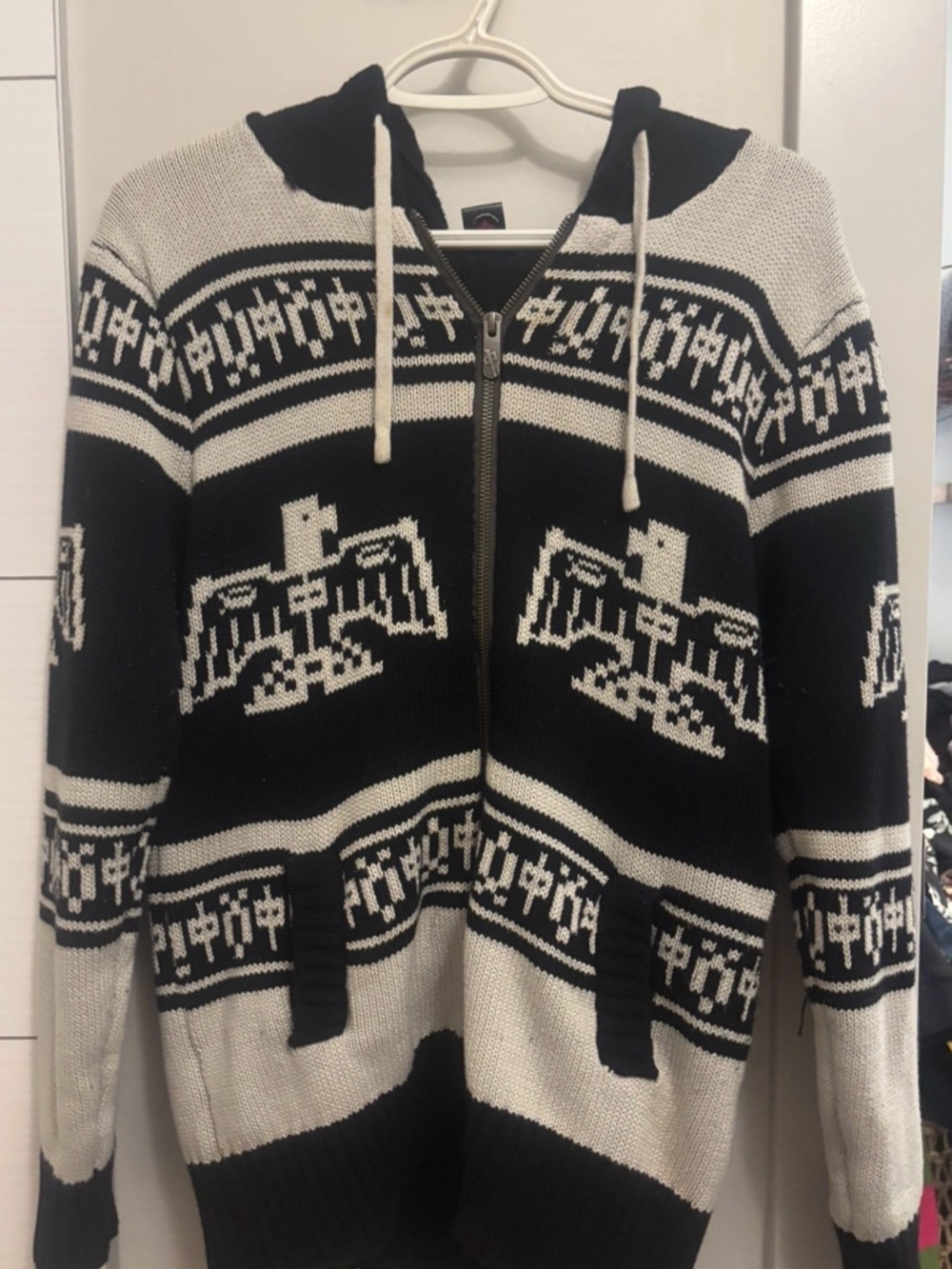 Black & White Hooded Zip Sweater with Nordic Eagle Pattern. Size large